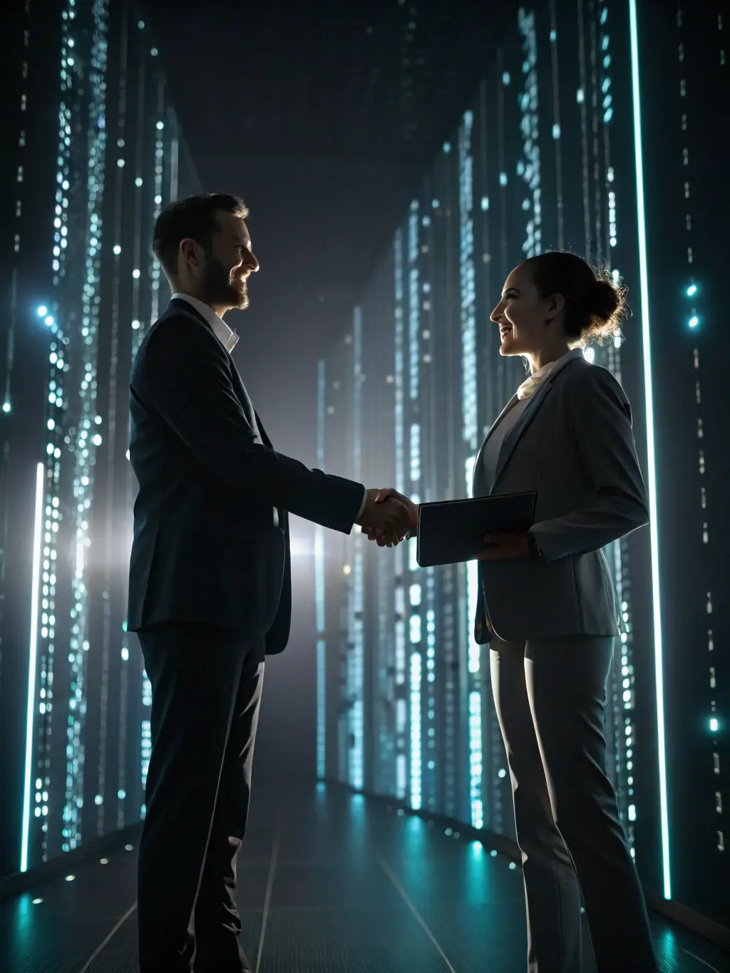 A visual representation of a secure digital handshake between a broker and a carrier, symbolizing the platform's commitment to secure agreements.