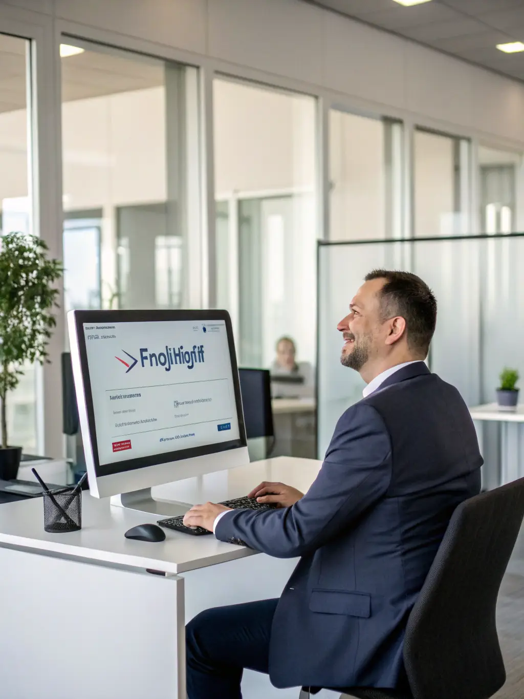 A professional freight broker using the SecureFreight platform, looking confidently at the screen, symbolizing trust and efficiency.