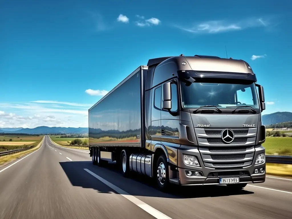 A digital illustration depicting a freight truck moving quickly and securely across a highway, symbolizing efficient and safe transportation.